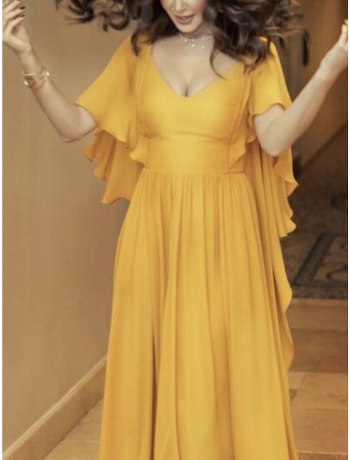 Wholesa Sheath / Column Wedding Guest Dresses Flying Dress Dress Wedding Guest Floor Length Short Sleeve V Neck Chiffon with Pleats Ruffles