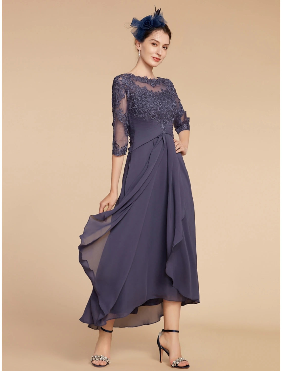 Wholesa  A-Line Mother of the Bride Dress Wedding Guest Elegant Scoop Neck Ankle Length Chiffon Lace 3/4 Length Sleeve with Ruching Solid Color