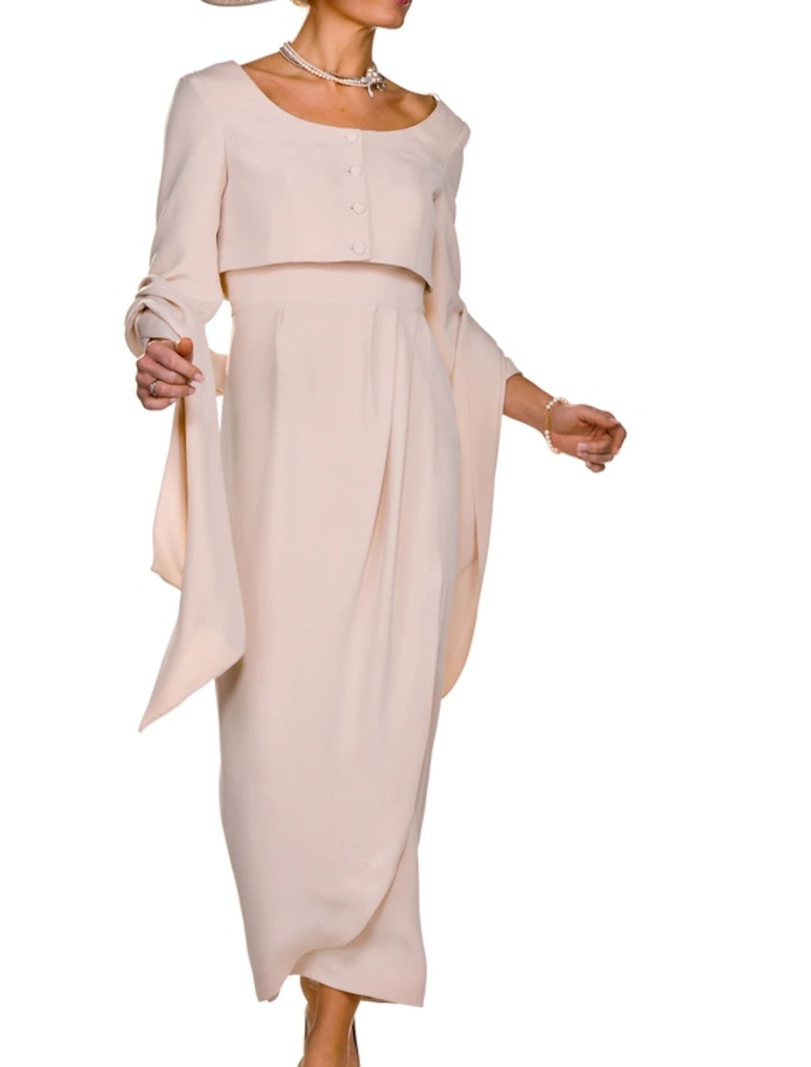 Wholesa Two Piece Sheath / Column Mother of the Bride Dress Wedding Guest Elegant Square Neck Ankle Length Stretch Fabric Sleeveless Short Jacket Dresses with Buttons Pleats