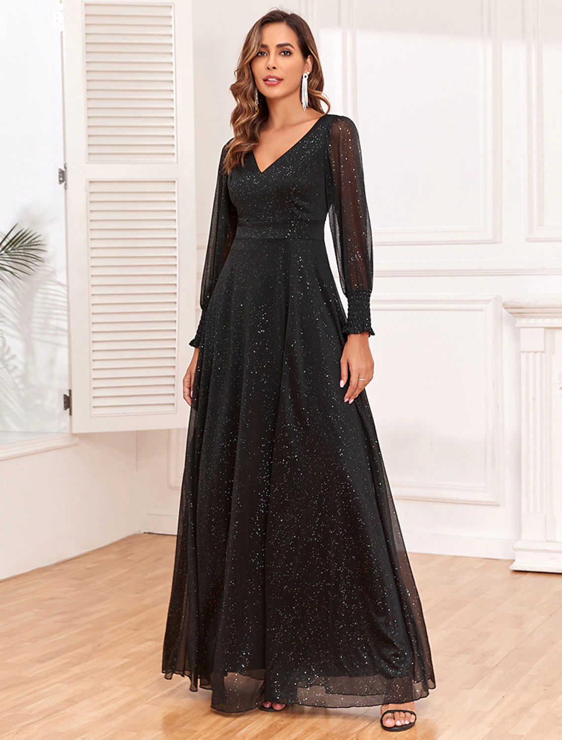 wholesale  A-Line Evening Gown Empire Dress Party Wear Floor Length Long Sleeve V Neck Tulle V Back with Glitter Slit