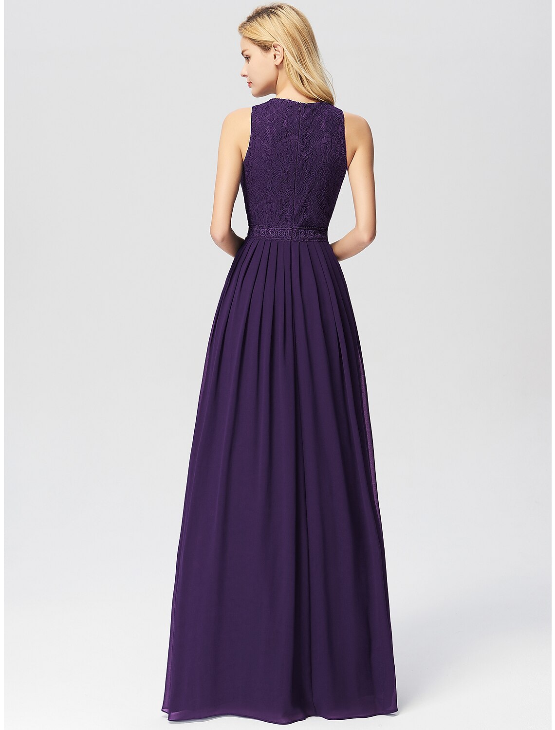 wholesa A-Line Prom Dresses Maxi Dress Wedding Guest Prom Floor Length Sleeveless Jewel Neck Bridesmaid Dress Chiffon with Pleats Lace Insert