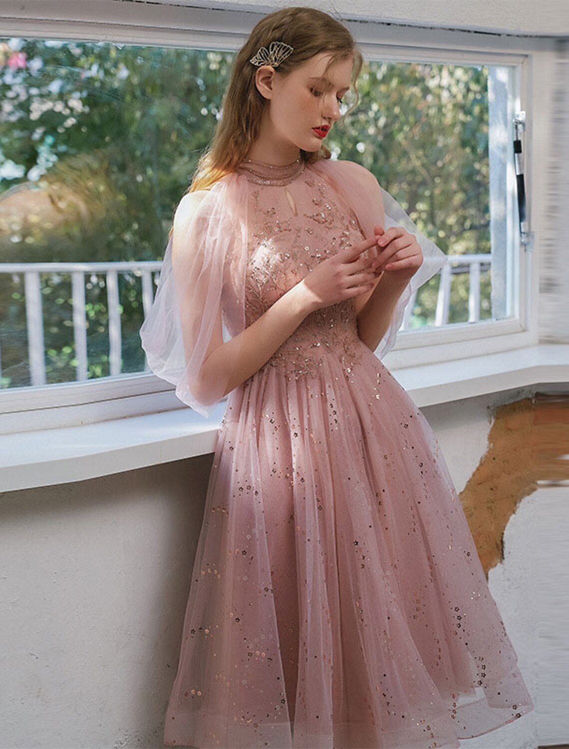 wholesale   A-Line Cocktail Dresses Party Dress Graduation Engagement Knee Length 3/4 Length Sleeve Jewel Neck Tulle with Sequin Appliques