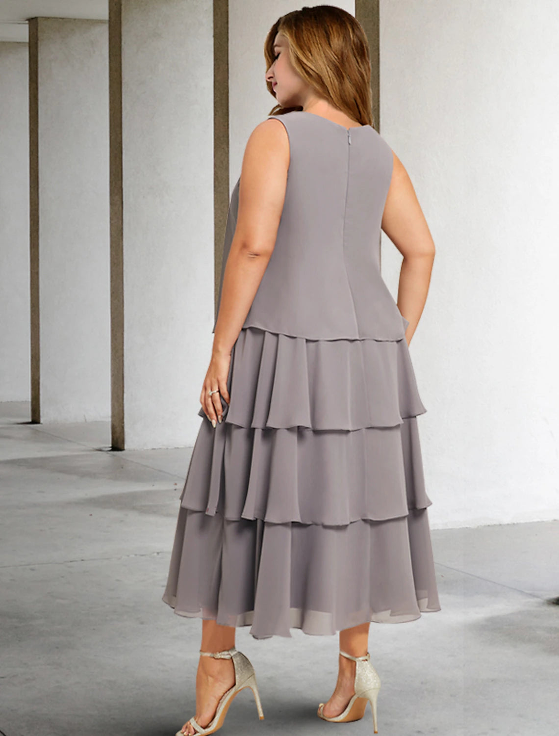 wholesale  Two Piece A-Line Mother of the Bride Dresses Plus Size Hide Belly Curve Elegant Dress Formal Tea Length Sleeveless Jewel Neck Chiffon with Ruffles Appliques