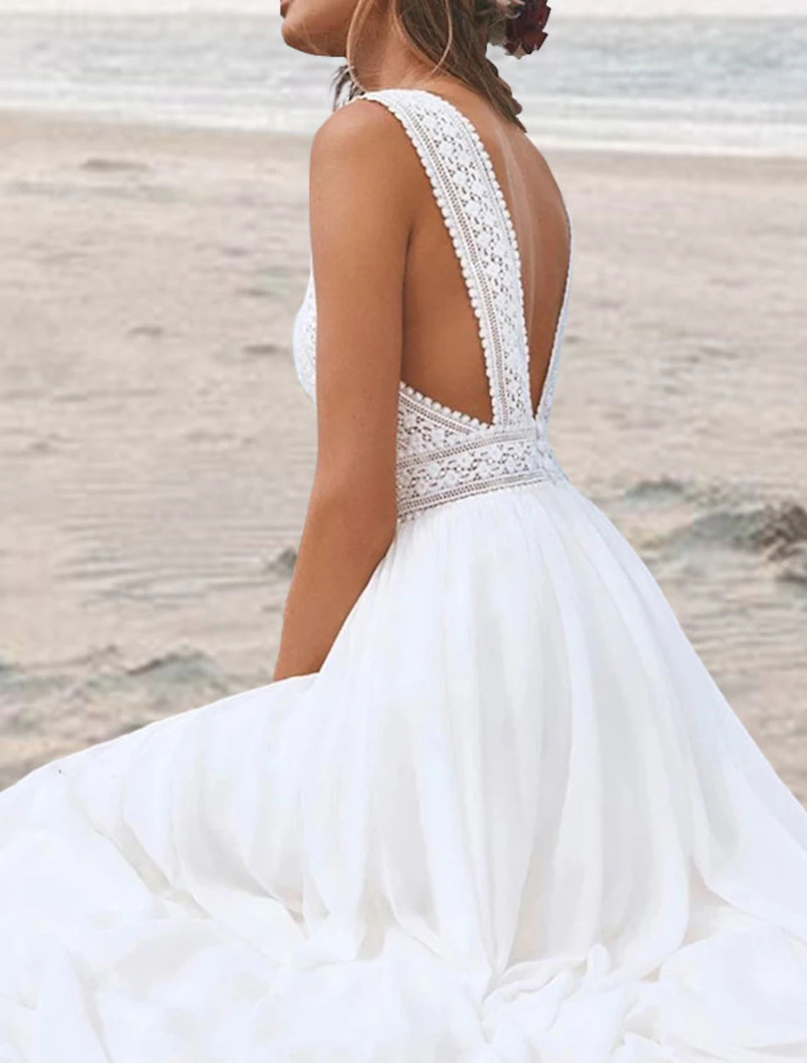 Wholesa  Beach Open Back Boho Wedding Dresses A-Line V Neck Sleeveless Floor Length Chiffon Bridal Gowns