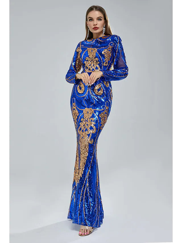 Wholesa Mermaid / Trumpet Evening Gown Elegant Dress Engagement Chapel Train Short Sleeve Jewel Neck Sequined with Sequin