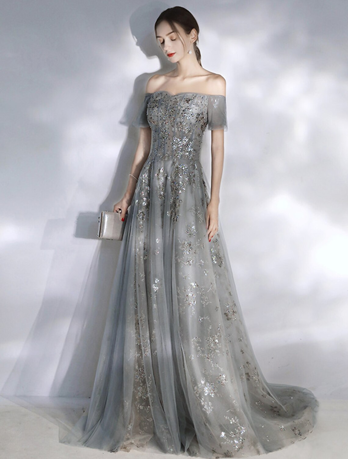 wholesa A-Line Evening Gown Glittering Dress Engagement Formal Evening Floor Length Short Sleeve Off Shoulder Spandex with Sequin Appliques