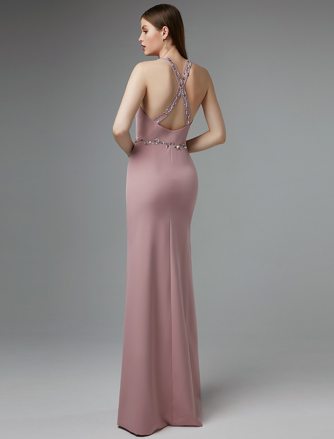 Wholesa Sheath / Column Beautiful Back Dress Wedding Guest Prom Floor Length Sleeveless Halter Neck Spandex Crisscross Back with Beading