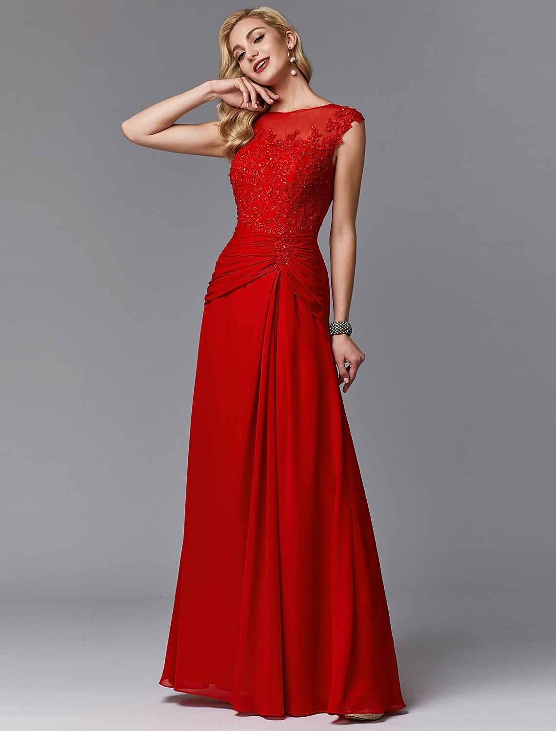 wholesale  Sheath / Column Mother of the Bride Dress Chinese Style See Through Illusion Detail Boat Neck Floor Length Chiffon Lace Sleeveless with Pleats Beading Appliques