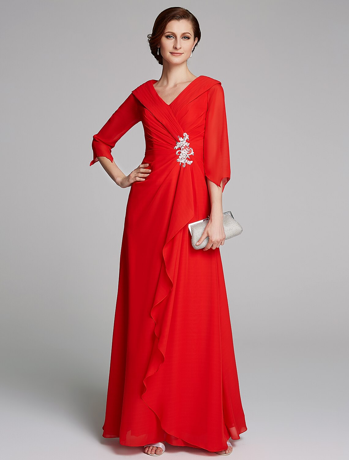 wholesale   A-Line Mother of the Bride Dress Elegant V Neck Floor Length Chiffon Half Sleeve with Pleats Appliques