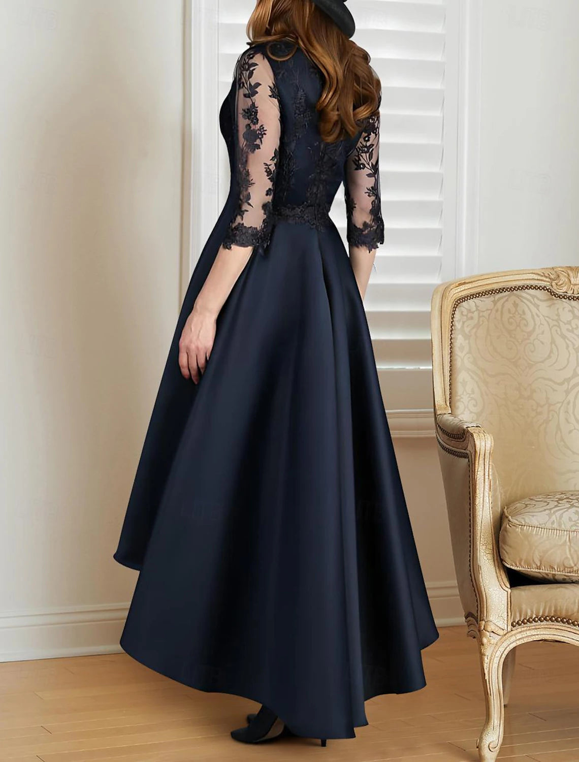 Wholesa A-Line Mother of the Bride Dress Formal Wedding Guest Elegant Scoop Neck V Neck Asymmetrical Lace Italy Satin 3/4 Length Sleeve with Lace Pleats Embroidery