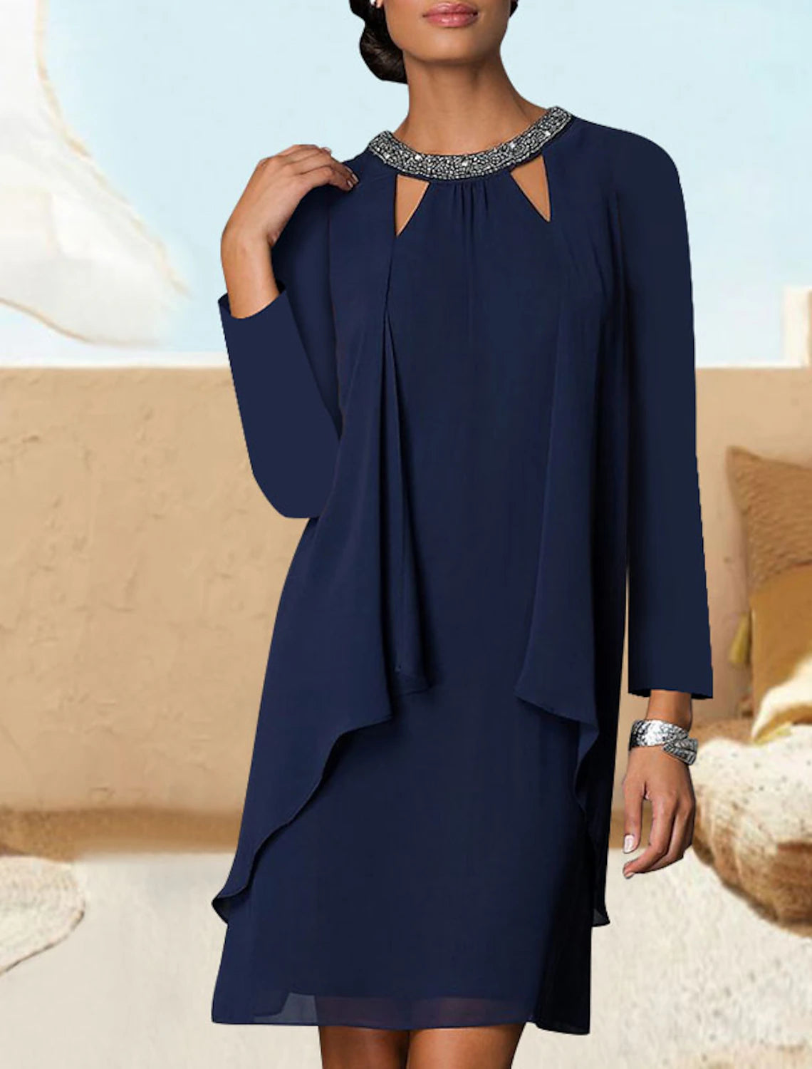 Wholesa A-Line Cocktail Party Dress Elegant Dress Prom Short / Mini Long Sleeve Jewel Neck Fall Wedding Guest Chiffon with Crystals Pure Color