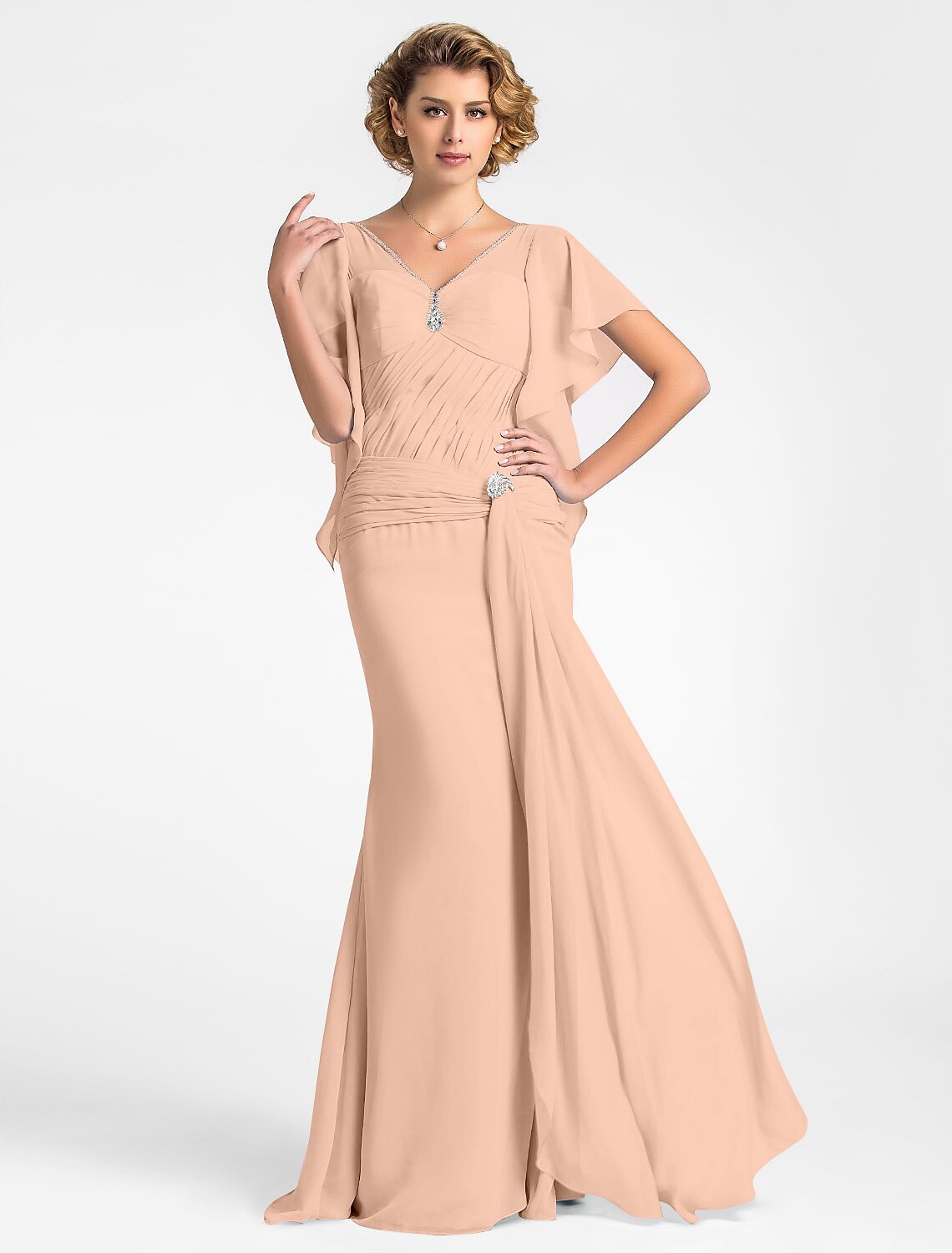 wholesale Mermaid / Trumpet Mother of the Bride Dress Vintage Inspired V Neck Floor Length Chiffon Short Sleeve with Beading Side Draping Crystal Brooch