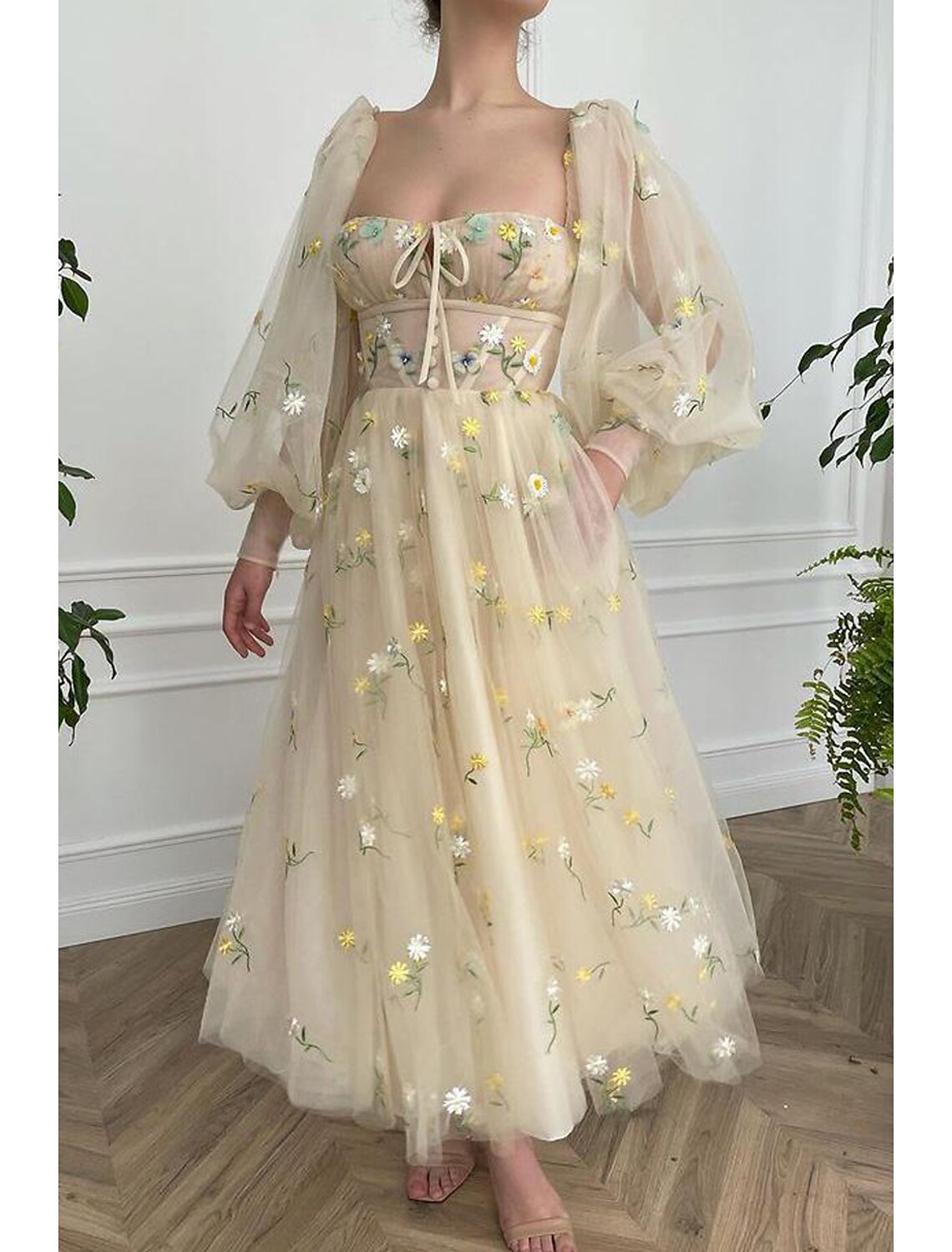 Wholesa A-Line Prom Party Dress Floral Dress Wedding Guest Engagement Ankle Length Long Sleeve Sweetheart Lace Backless with Pleats Ruched