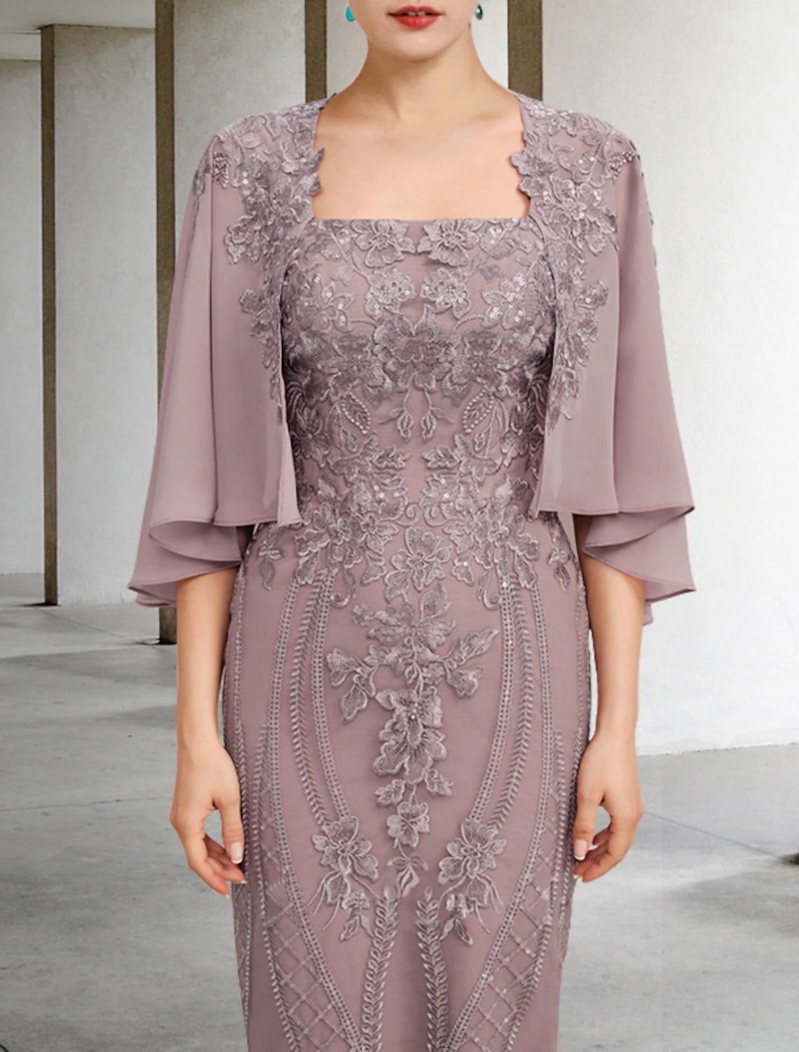 wholesale  Sheath / Column Mother of the Bride Dress Vintage Elegant Square Neck Knee Length Chiffon Lace Sleeveless Jacket Dresses with Applique