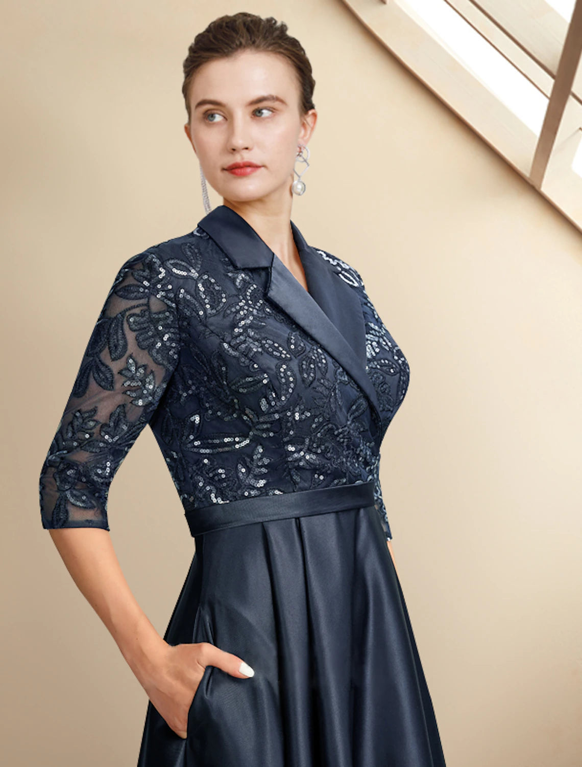 wholesale  A-Line Mother of the Bride Dress Plus Size Elegant High Low Shirt Collar Asymmetrical Tea Length Satin Lace Half Sleeve with Pleats Sequin Appliques