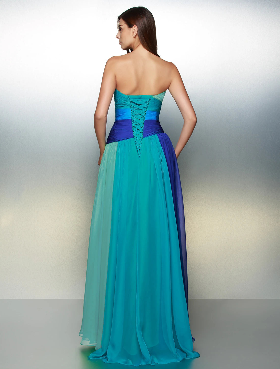 wholesa A-Line Color Block Dress Wedding Guest Prom Floor Length Sleeveless Sweetheart Chiffon Backless with Ruched Crystals