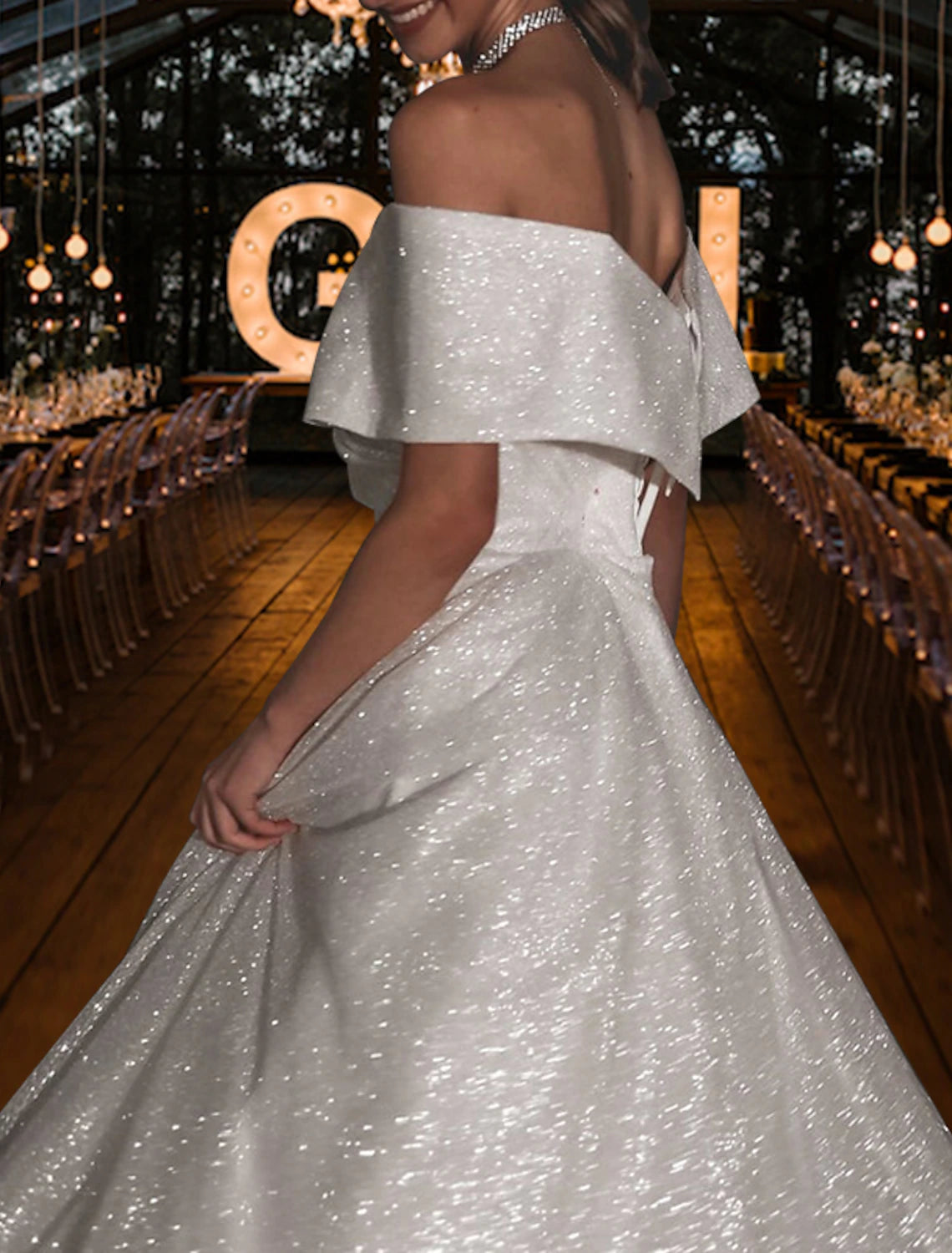 wholesale  Hall Sparkle & Shine Casual Wedding Dresses A-Line Off Shoulder Cap Sleeve Sweep / Brush Train Sequined Bridal Gowns With Solid Color