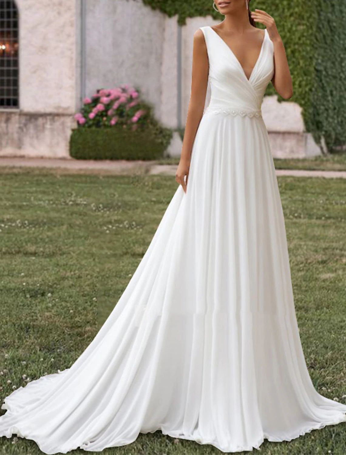 Wholesa Hall Simple Wedding Dresses A-Line V Neck Sleeveless Sweep / Brush Train Chiffon Bridal Gowns With Pleats Pearls
