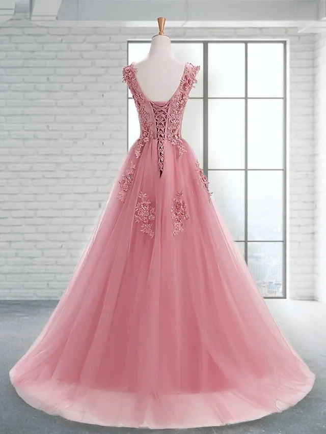 Wholesa A-Line Prom Dresses Elegant Dress Wedding Guest Sweep / Brush Train Sleeveless Jewel Neck Tulle with Appliques