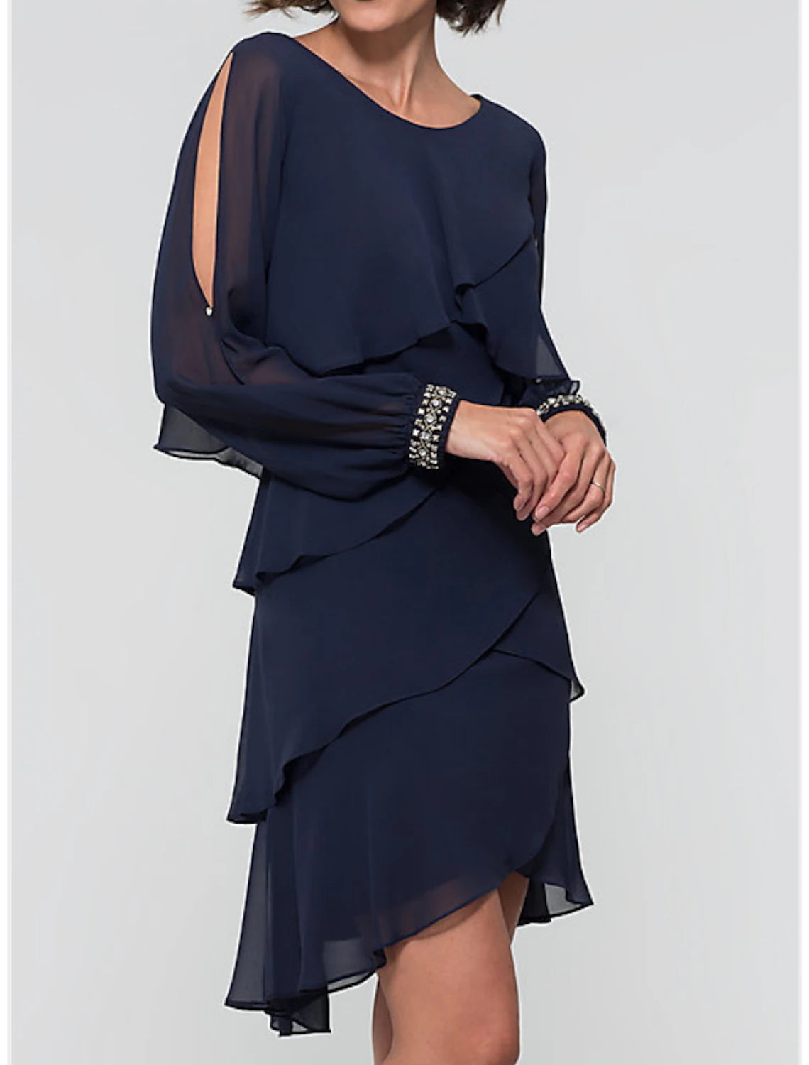 Wholesa A-Line Cocktail Dresses Black Dress Holiday Cocktail Party Short / Mini Long Sleeve Jewel Neck Fall Wedding Guest Chiffon with Beading Cascading Ruffles