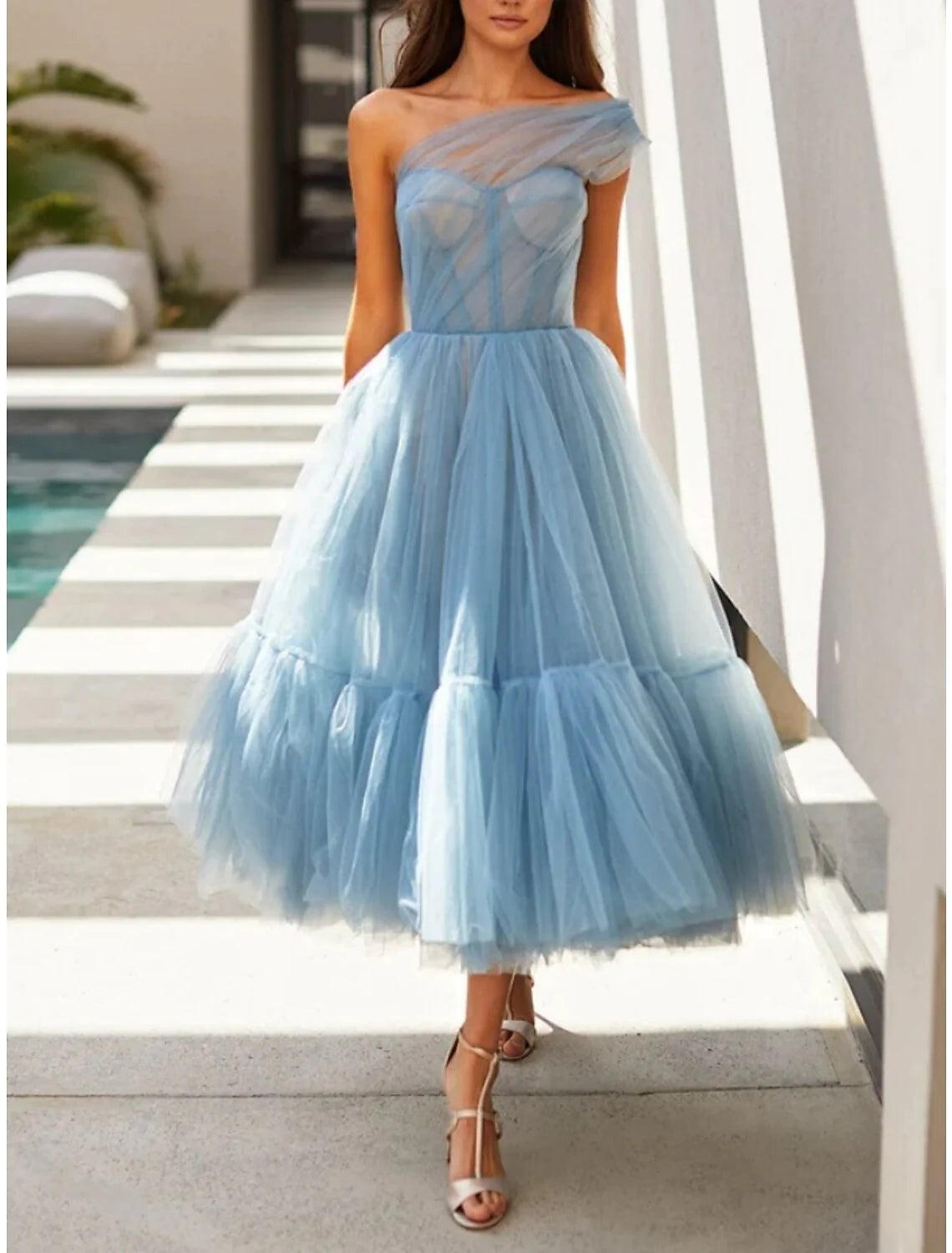 Wholesa A-Line Prom Dresses Elegant Dress Formal Tea Length Sleeveless One Shoulder Tulle with Pleats