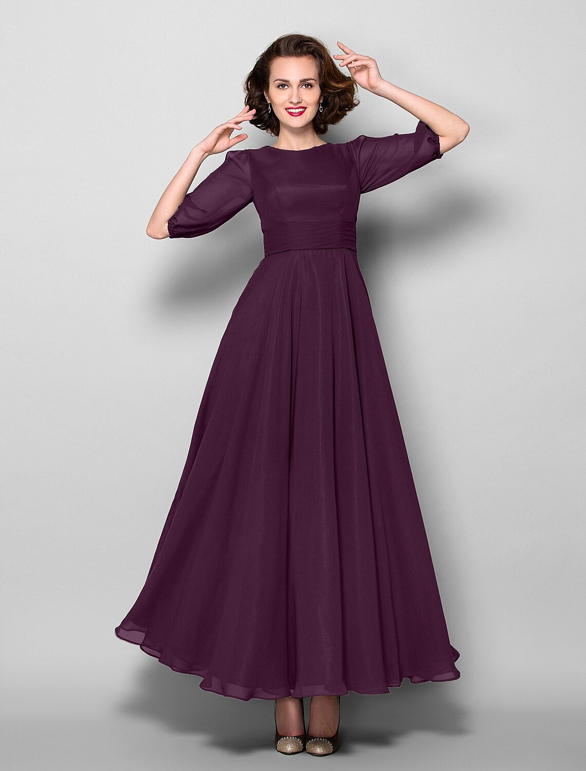 wholesale  A-Line Mother of the Bride Dress Elegant Jewel Neck Ankle Length Chiffon Half Sleeve with Sash / Ribbon Ruched