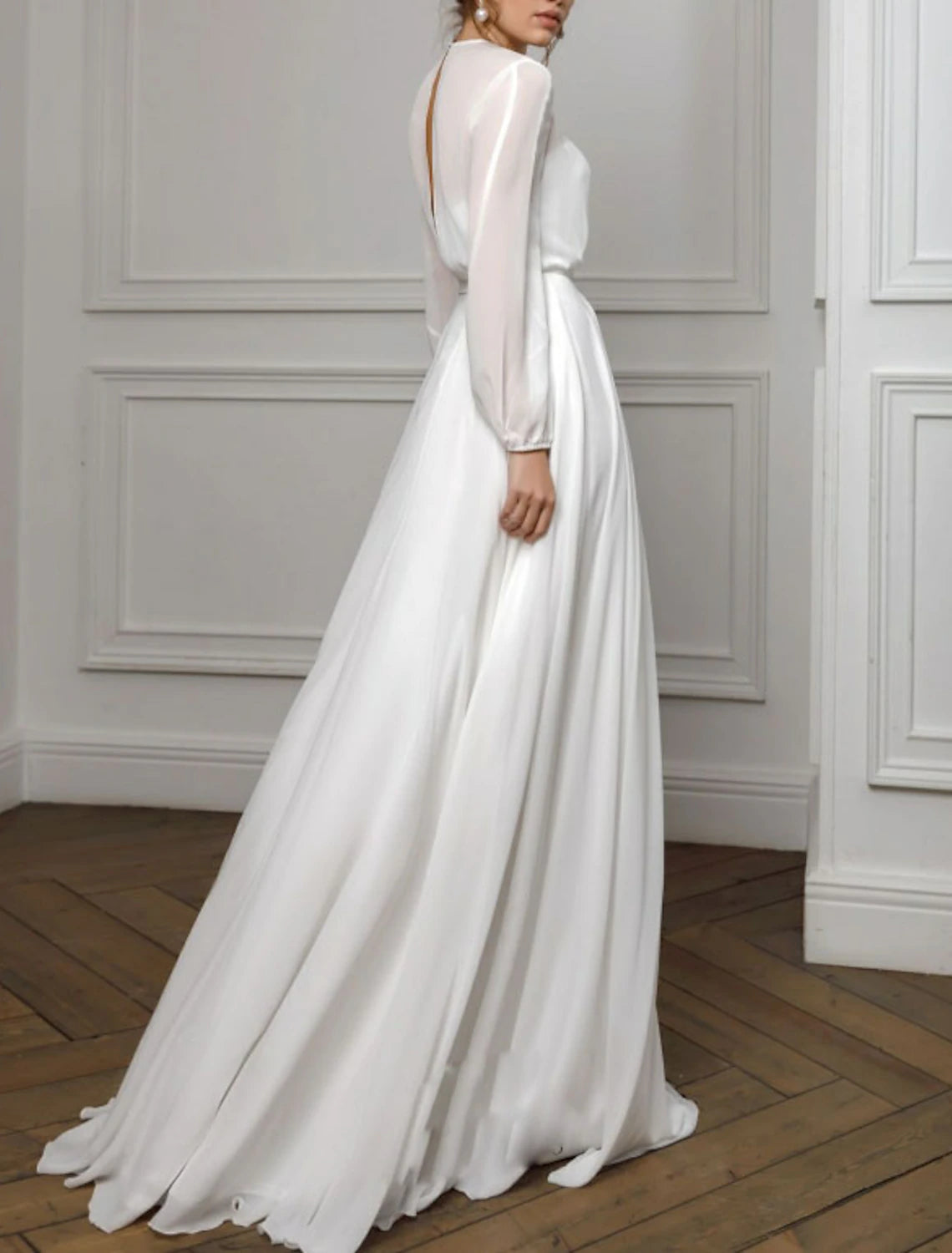 Wholesa A-Line Evening Gown Empire Dress Valentine's Day Wedding Guest Floor Length Long Sleeve Illusion Neck Chiffon with Pleats