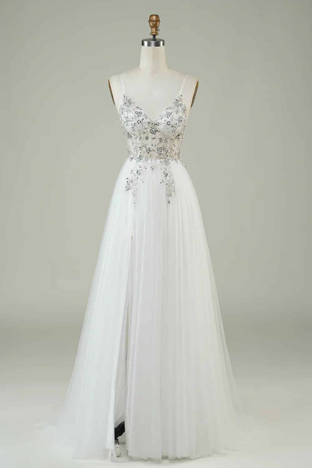 Wholesa A Line Spaghetti Straps Tulle Long Wedding Dress with Beading