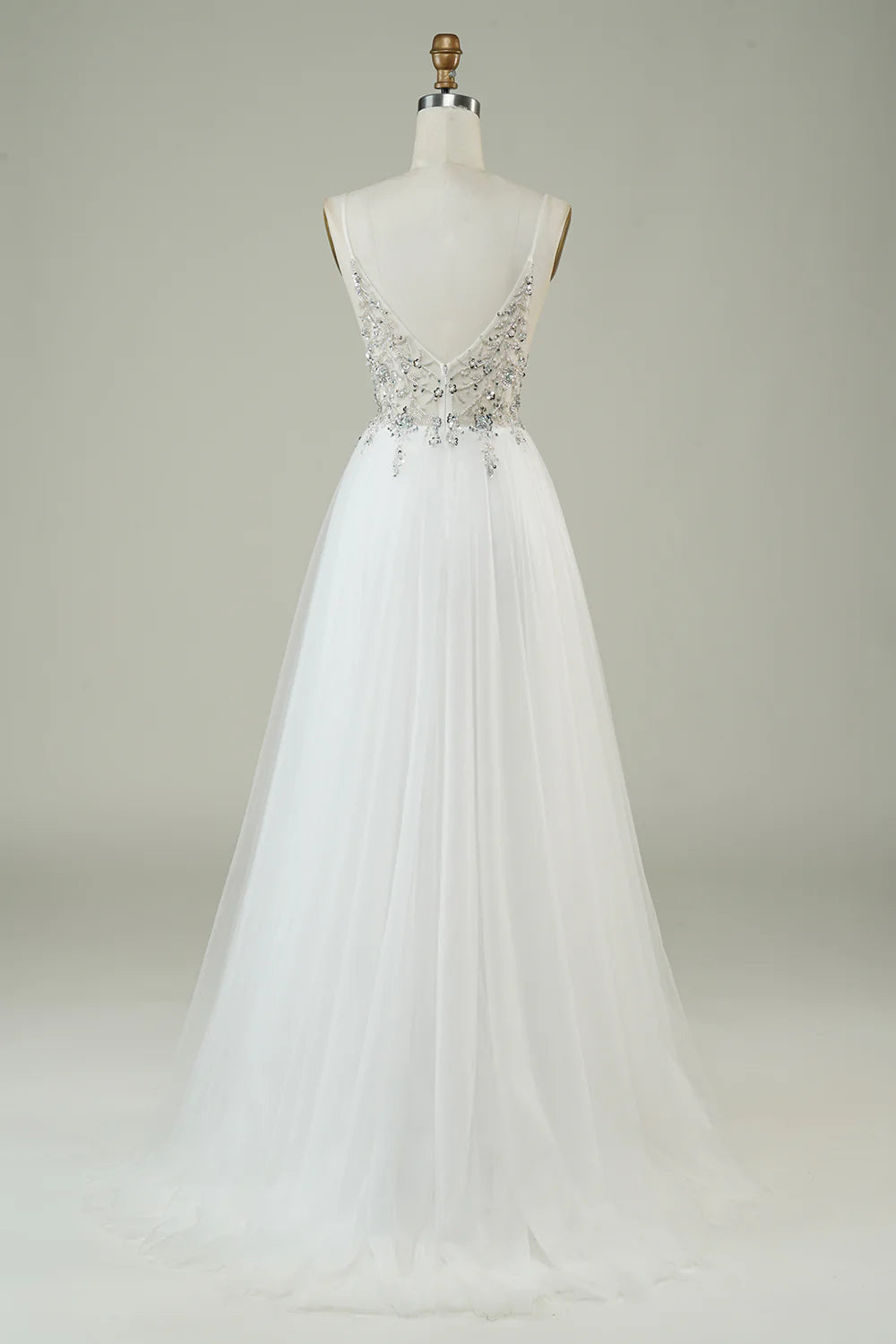 Wholesa A Line Spaghetti Straps Tulle Long Wedding Dress with Beading