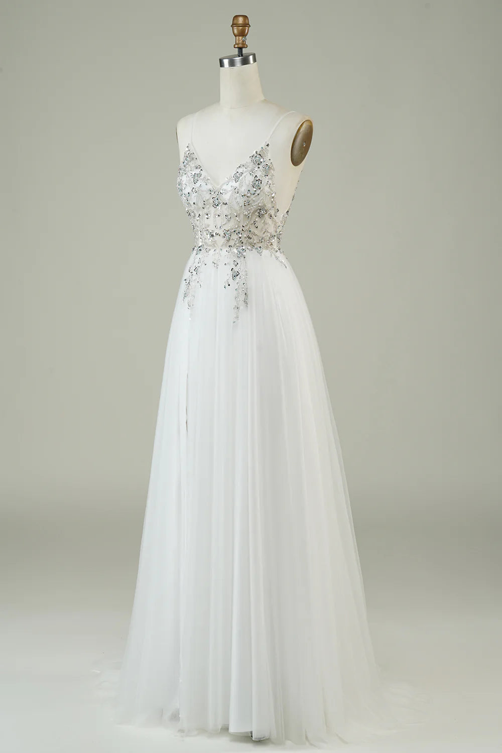 Wholesa A Line Spaghetti Straps Tulle Long Wedding Dress with Beading