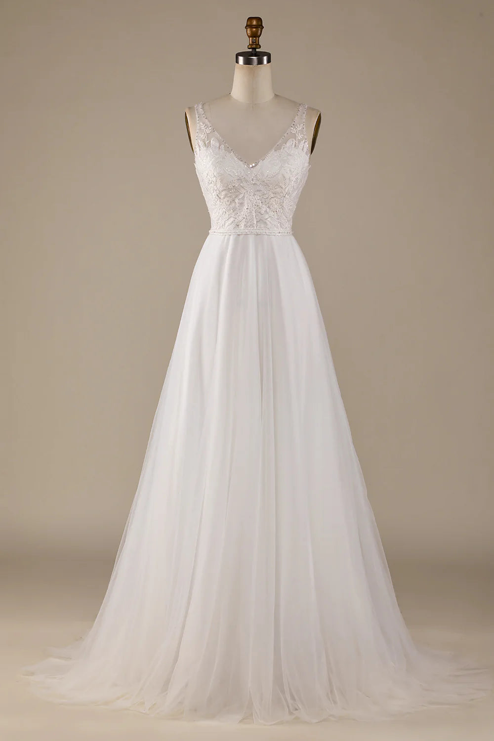Wholesa V-Neck Tulle Sweep Train Wedding Dress with Lace