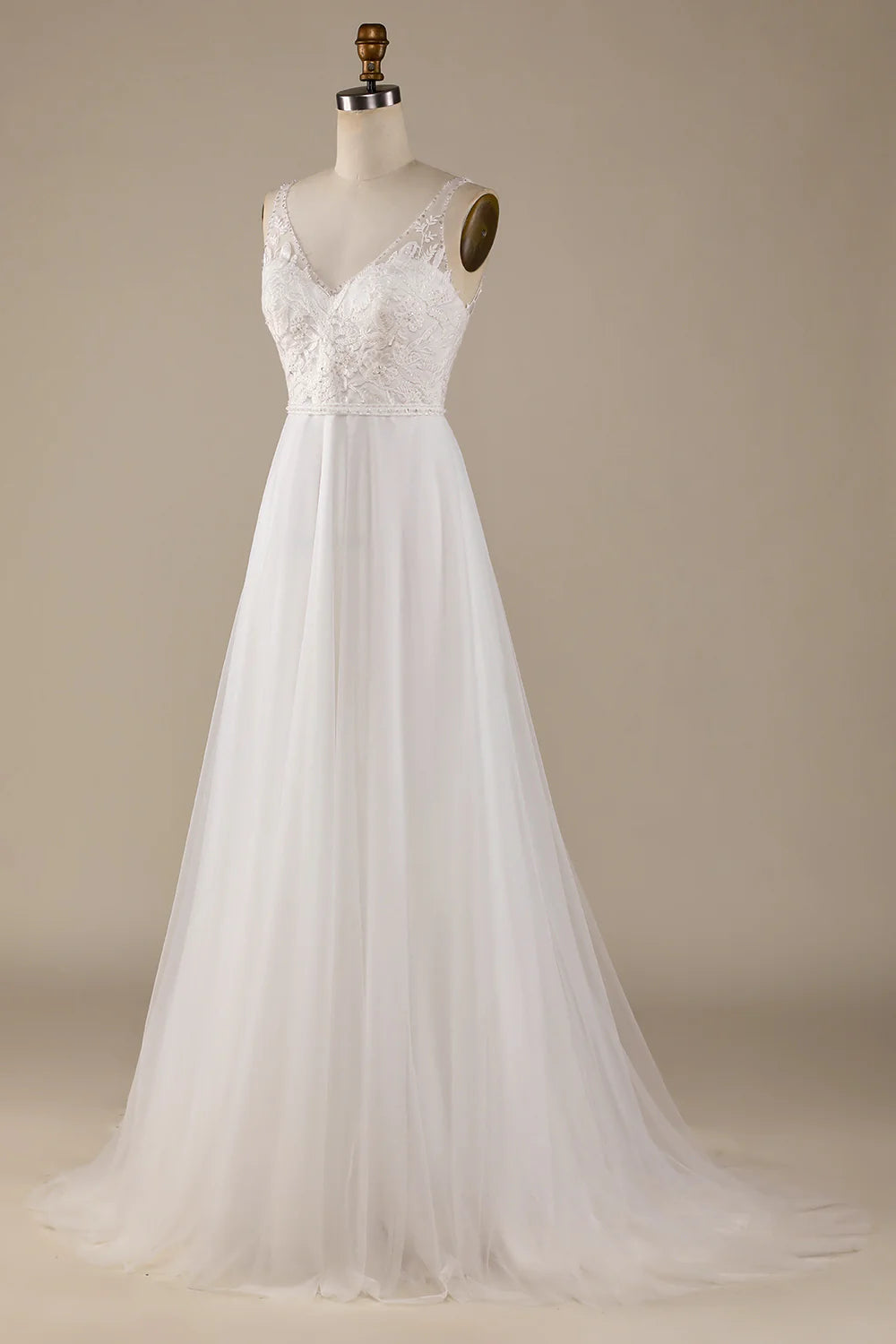 Wholesa V-Neck Tulle Sweep Train Wedding Dress with Lace