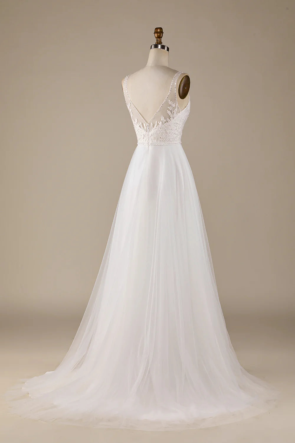 Wholesa V-Neck Tulle Sweep Train Wedding Dress with Lace