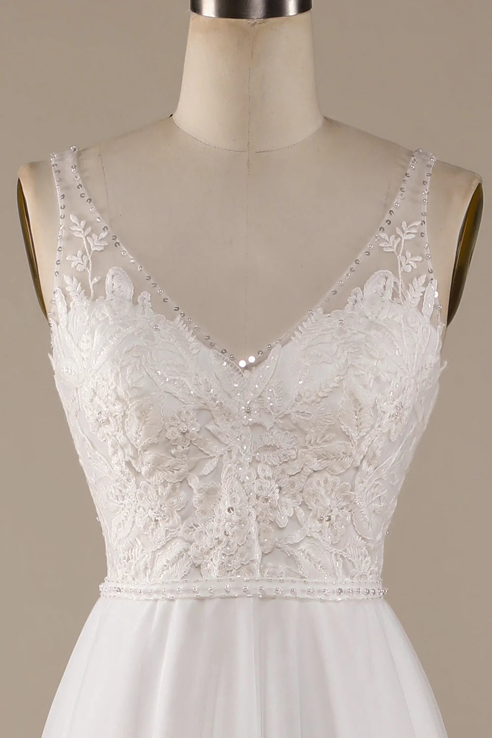 Wholesa V-Neck Tulle Sweep Train Wedding Dress with Lace
