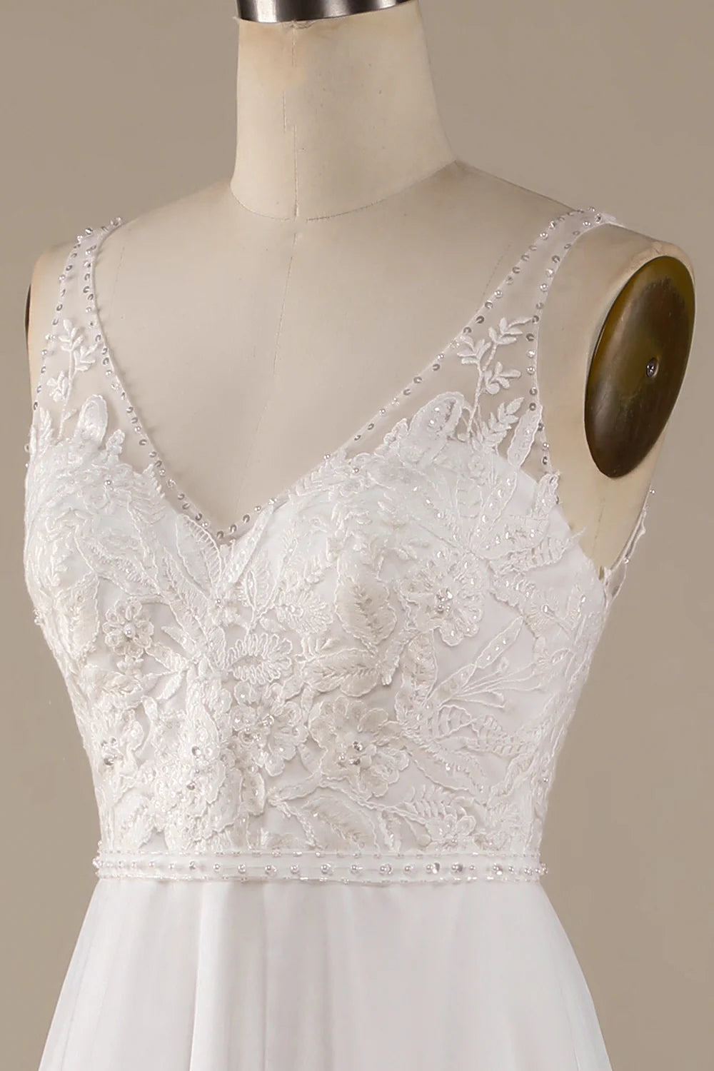 Wholesa V-Neck Tulle Sweep Train Wedding Dress with Lace
