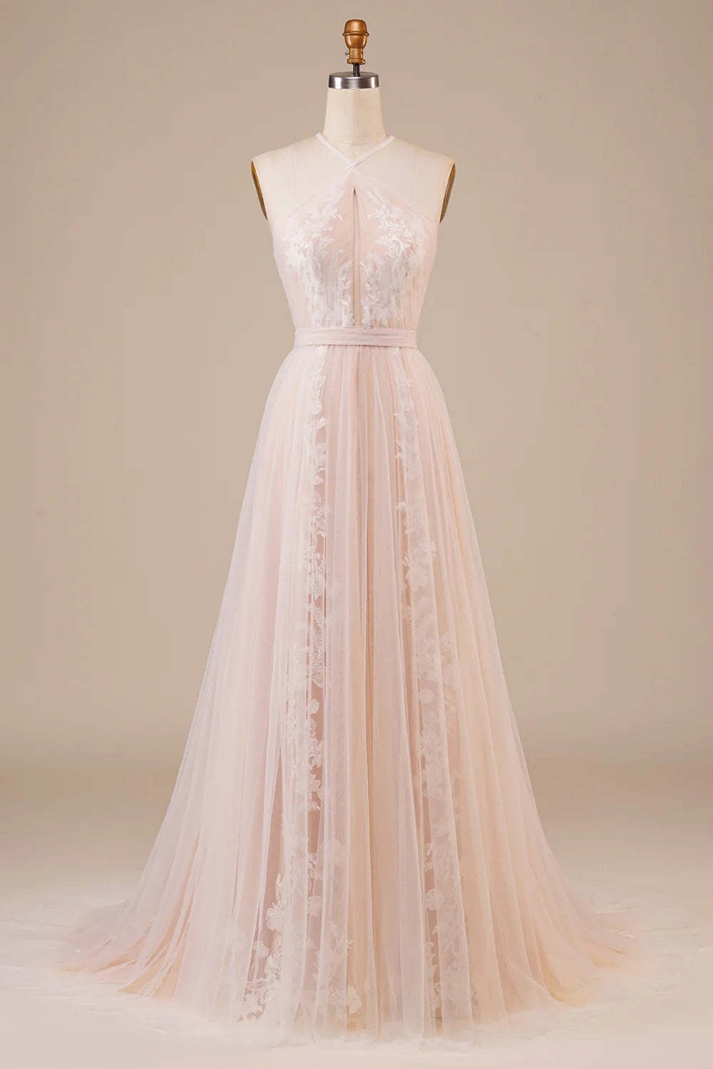 Wholesa Tulle Halter Keyhole Wedding Dress with Appliques