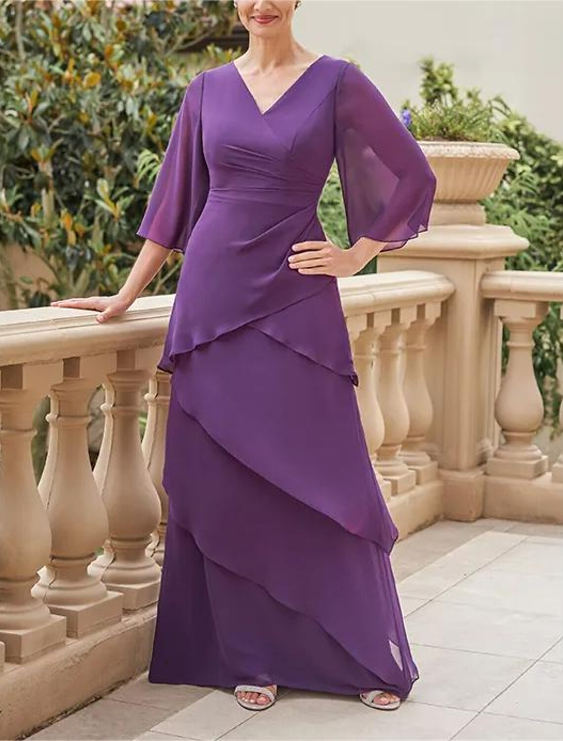 Wholesa A-Line Mother of the Bride Dress Formal Wedding Guest Elegant V Neck Floor Length Chiffon Half Sleeve with Cascading Ruffles Ruching Solid Color