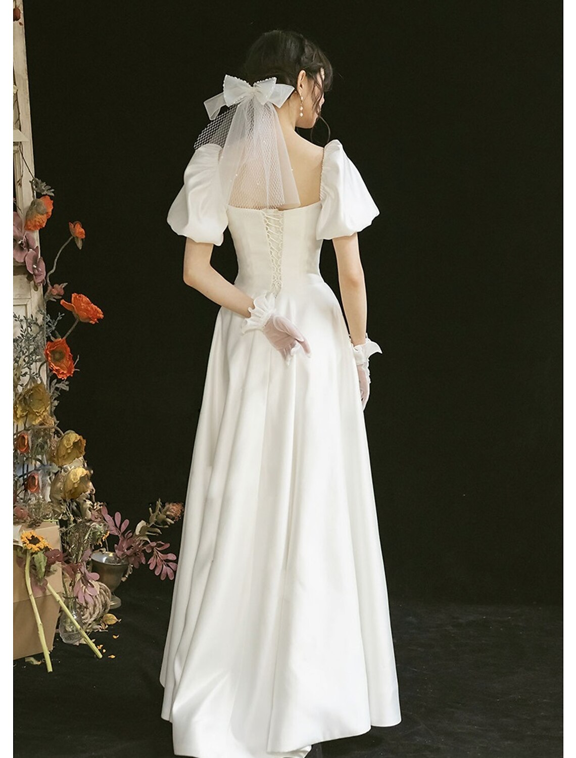 Wholesa Reception Casual Wedding Dresses A-Line Off Shoulder Short Sleeve Floor Length Satin Bridal Gowns With Split Front