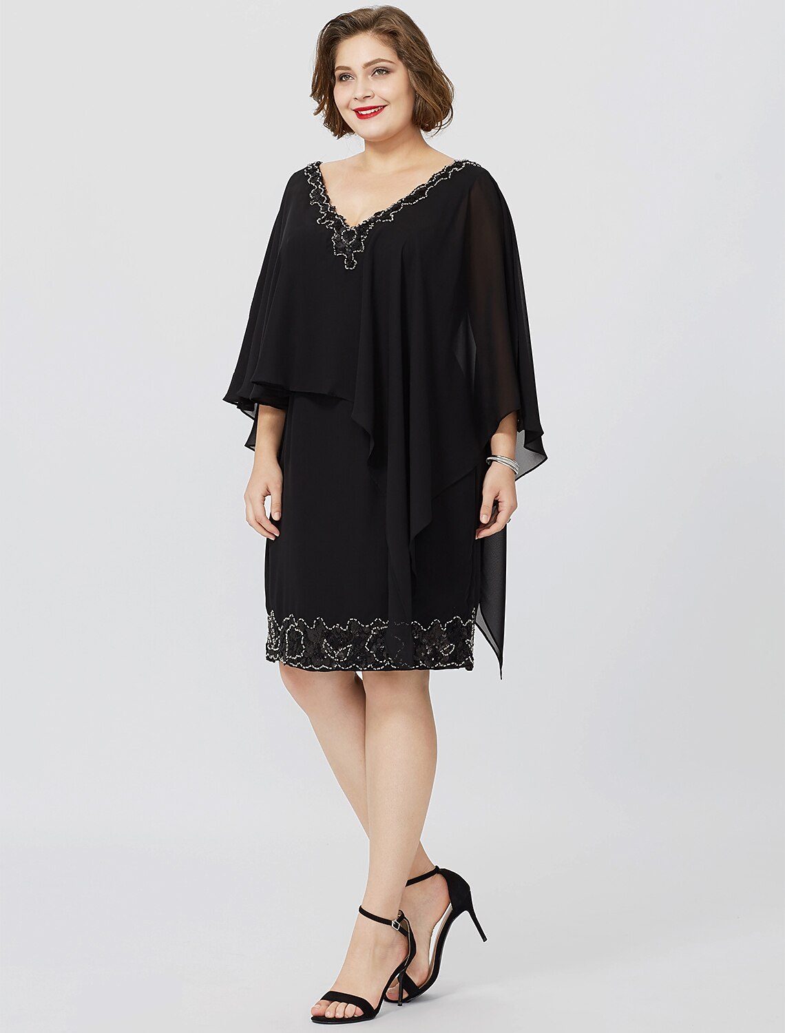 wholesale  Sheath / Column Mother of the Bride Dress Formal Classic & Timeless Elegant & Luxurious Plus Size V Neck Knee Length Chiffon Sleeveless No with Crystals Beading