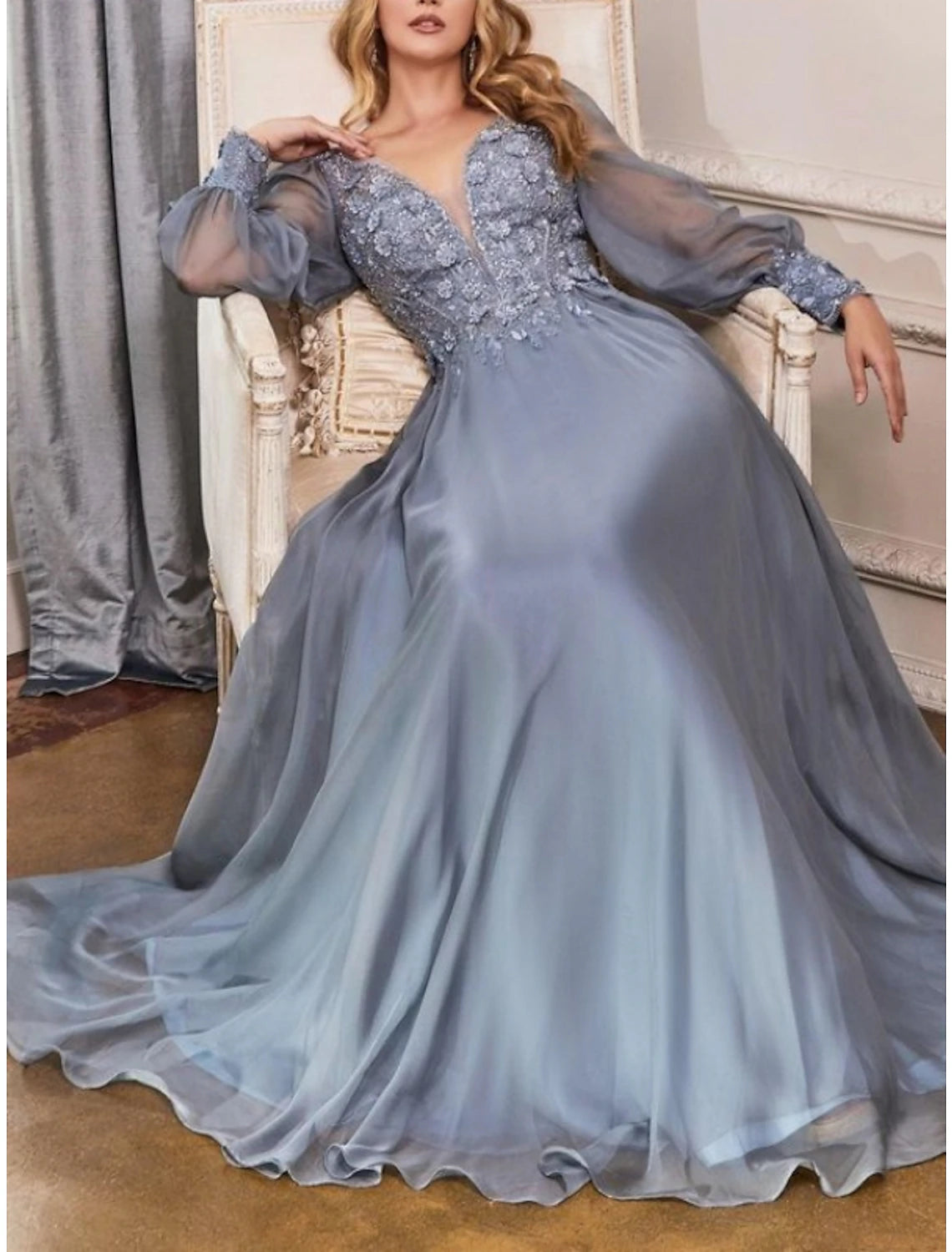 Wholesa  Sheath / Column Wedding Guest Dresses Elegant Dress Wedding Guest Floor Length Long Sleeve V Neck Bridesmaid Dress Chiffon with Pleats Appliques