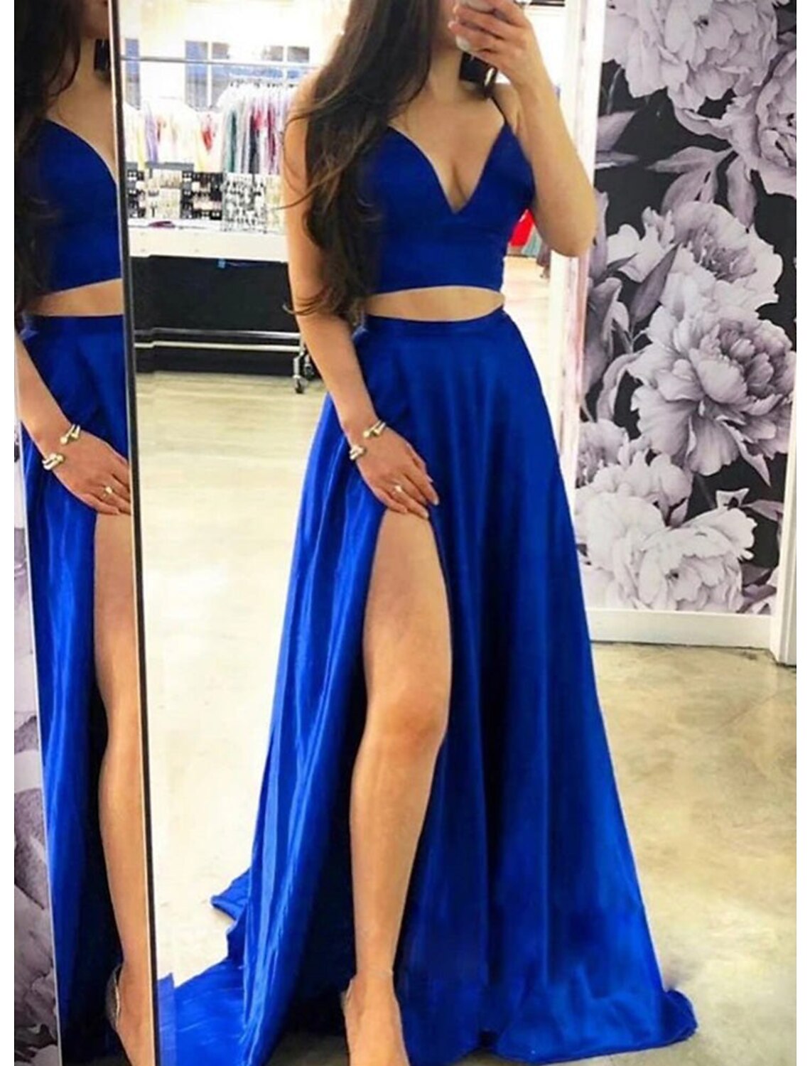wholesale  Two Piece Prom Dresses Sexy Dress Formal Wedding Guest Sweep / Brush Train Sleeveless Spaghetti Strap Charmeuse with Bow(s) Slit