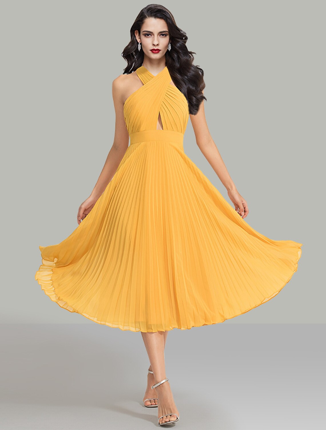 Wholesa  A-Line Wedding Guest Dresses Elegant Dress Cocktail Party Wedding Party Tea Length Sleeveless Halter Neck Chiffon with Ruched