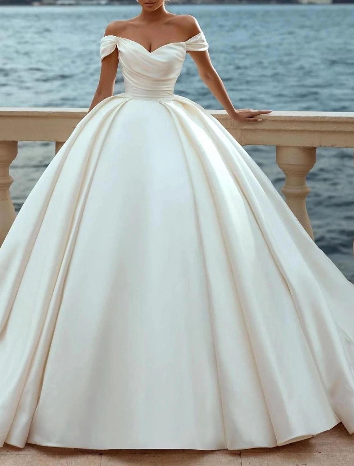 wholesale   Engagement Formal Wedding Dresses Ball Gown Off Shoulder Cap Sleeve Court Train Satin Church Bridal Gowns With Ruched Solid Color Summer Fall Wedding Party