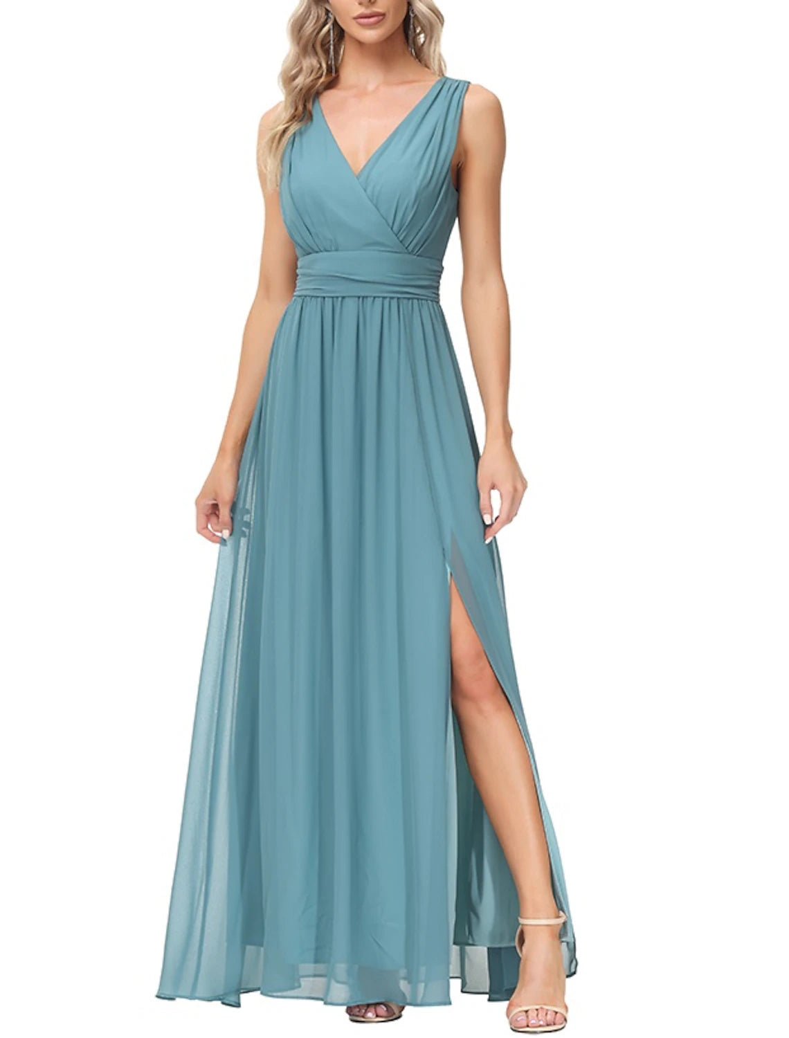 wholesale  A-Line Evening Gown Empire Dress Party Wear Wedding Guest Floor Length Sleeveless V Neck Bridesmaid Dress Chiffon V Back with Slit