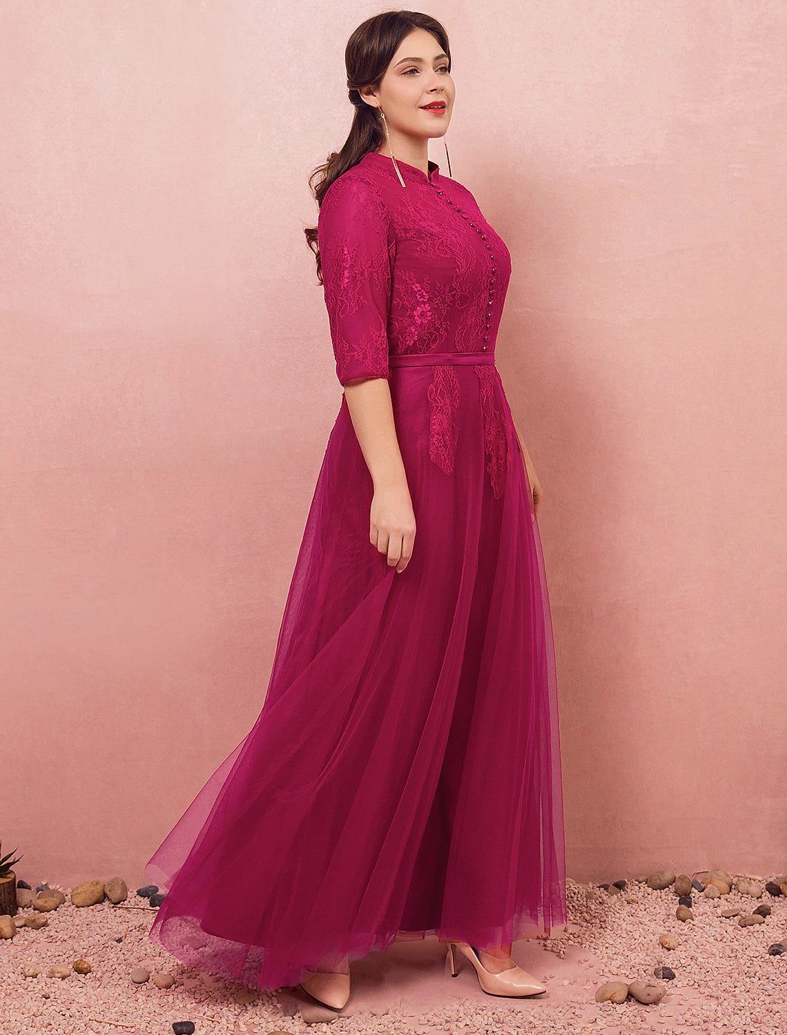 Wholesa A-Line Chinese Style Plus Size Engagement Formal Evening Dress High Neck Half Sleeve Floor Length Lace with Buttons