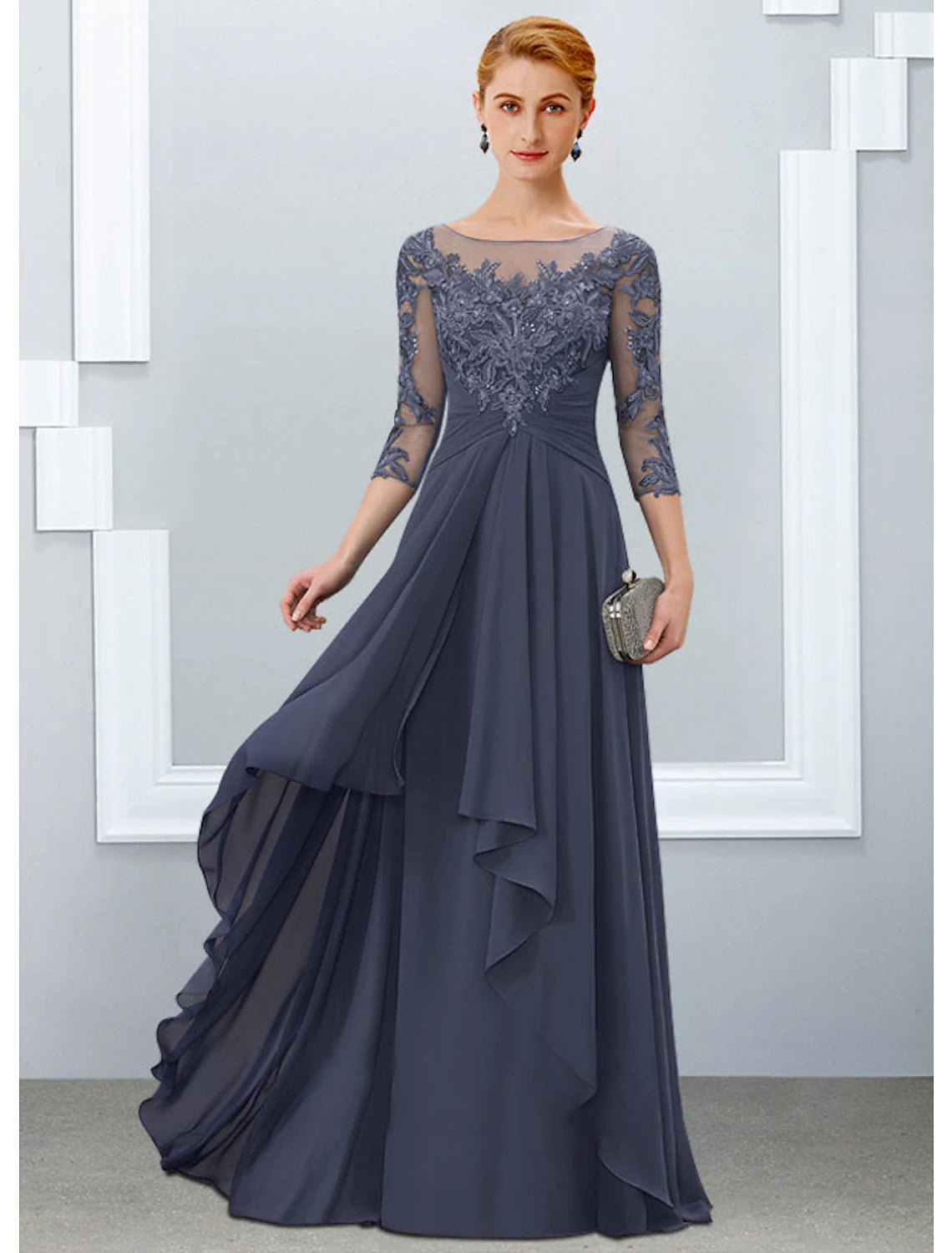 wholesale  A-Line Mother of the Bride Dress Elegant Jewel Neck Floor Length Chiffon Lace Half Sleeve with Ruffles Appliques