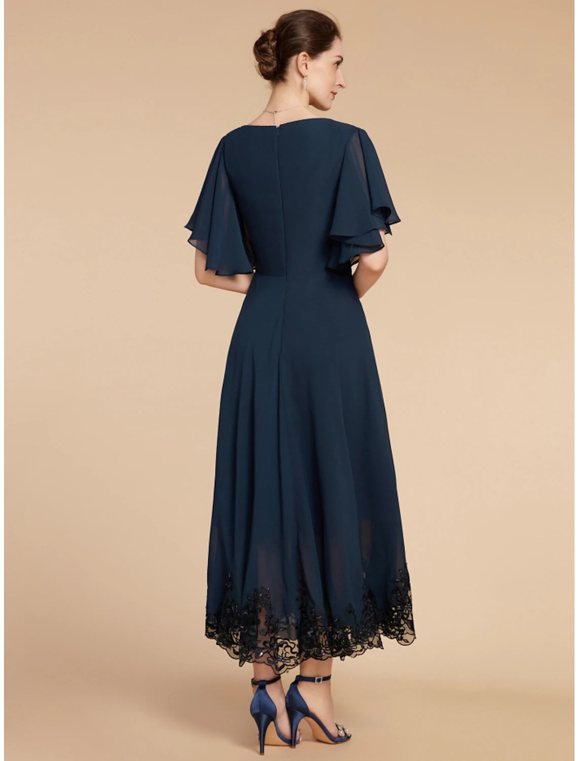 Wholesa A-Line Mother of the Bride Dress Wedding Guest Elegant Vintage V Neck Ankle Length Chiffon Lace Short Sleeve with Crystal Brooch Ruching Solid Color
