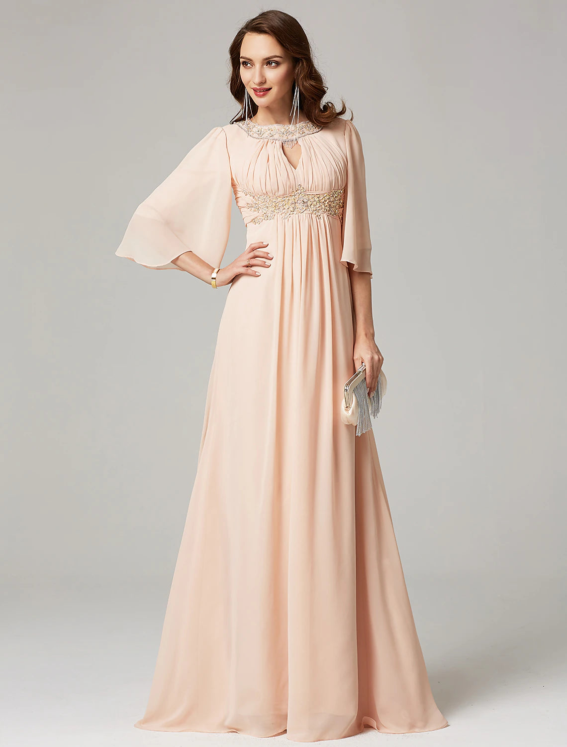 Wholesa A-Line Special Occasion Dresses Elegant Dress Wedding Guest Formal Evening Sweep / Brush Train Half Sleeve Jewel Neck Chiffon with Beading Draping