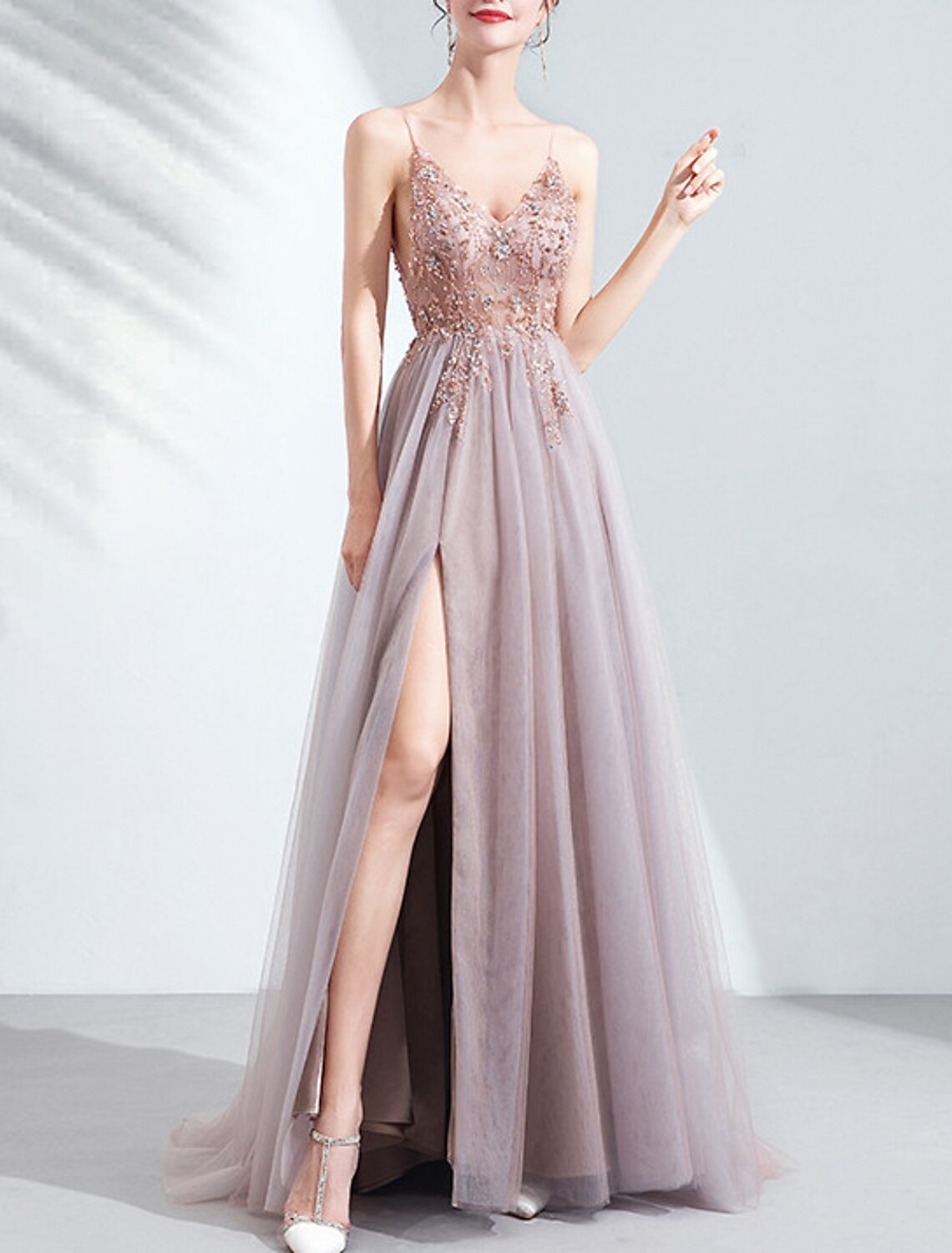 wholesale pink dress bride wedding toast dress dinner annual meeting sling light yarn catwalk high slit wedding evening dress