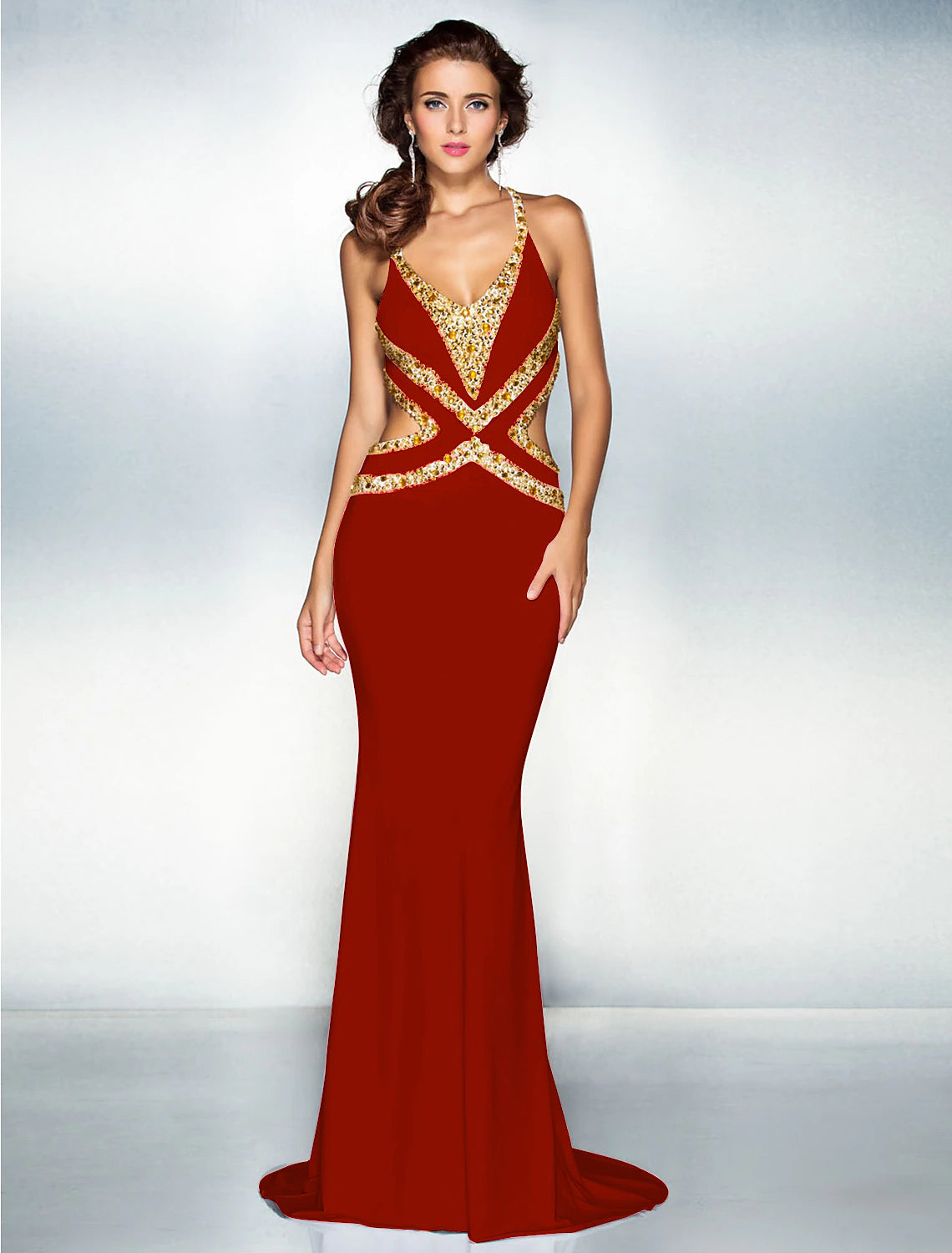 Wholesa Mermaid / Trumpet Sparkle Dress Wedding Guest Engagement Sweep / Brush Train Sleeveless V Neck Jersey Crisscross Back with Crystals